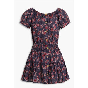 EBERJEY Elsie Gathered Printed Cotton Mini Dress In Navy Size L 8-12 MSRP$198